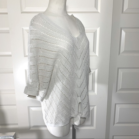 guilty Minimalist Crochet Knit Beige Loose fit Shirt Knotted Front V Neck L - Picture 8 of 10